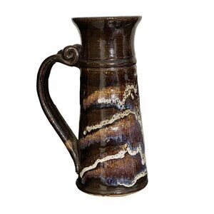 Handcrafted Ceramic Pitcher Vase With Handle Abstract Design Glazed Signed